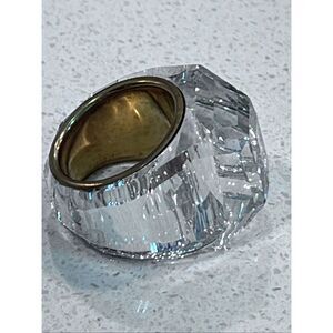 Swarovski Nirvana Swan Engraved Clear Faceted Crystal Goldtone Ring Size 52